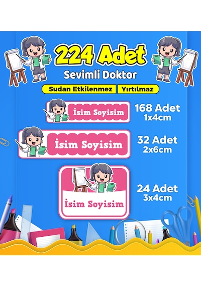 Sevimli Doktor Temalı Okul Kreş Kişiye Özel İsim Etiket Seti - Model 516 Çok Renkli