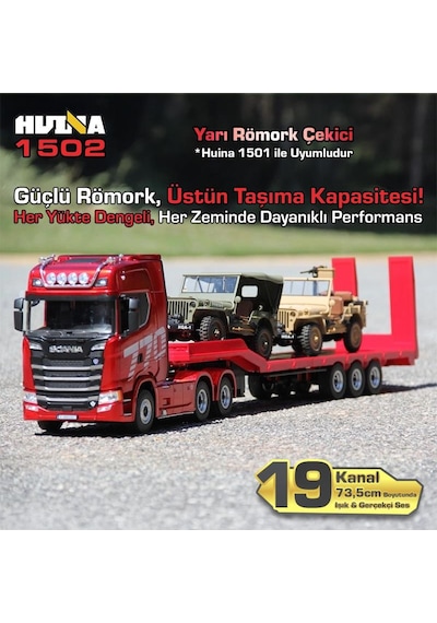 Huına 1502 1/18 Rc Uzaktan Kumandalı İş Makinesi İnşaat Aracı Römork Çekici Dorse Damper Trailer Flatbed 1501 İle Uyumlu Kırmızı