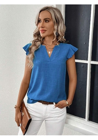 Soonaksesuar Kadın Kısa Kelebek Kollu V Yakalı Bluz Mavi