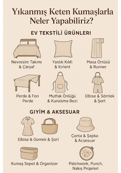 10 Metre Yıkanmış Ham Naturel Keten Kumaş - 235 Cm En - Organik - Doğal - Punch - Döşemelik Kumaş Bej