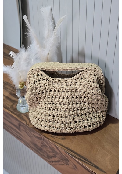 C-bhadu Naturel El Örgüsü Kağıt İp Burslu Clutch Çanta Açık Kahverengi