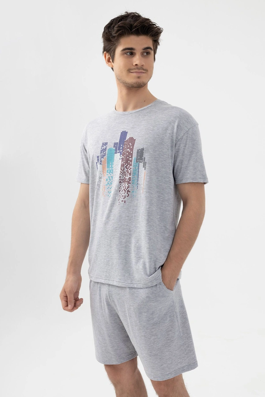 Erkek Gri Melanj Baskılı Şortlu Pijama Takımı Ko6305ts-2 Gri Melanj