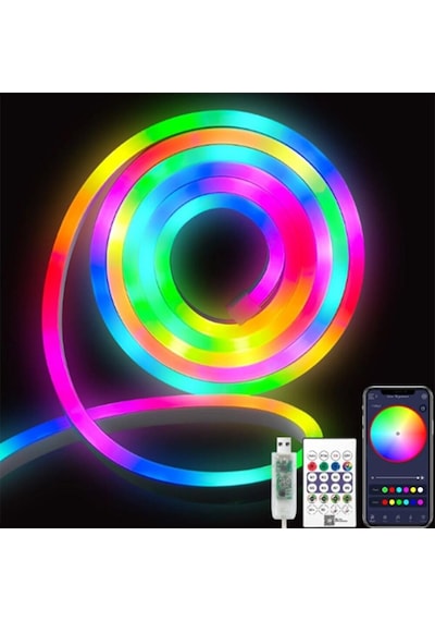 5 Metre Usb Bağlantılı Rgb Pixel Neon Led - Kumandalı, Bluetooth İle Kontrol, Zamanlayıcılı Esnek Şerit Işık - Cata .