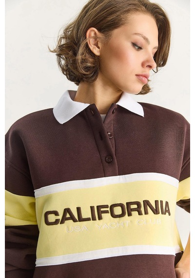 Shade Kadın Polo Yaka Düğmeli California Yazılı Nakış Detaylı Oversize Kadın Sweatshirt 10009 60283563 - Kahverengi