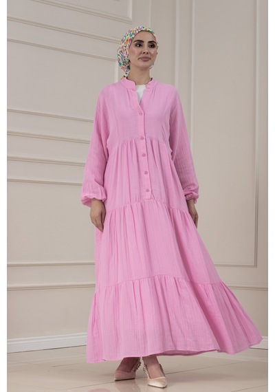 Sevitli Müslin Kumaş Robalı İvana Elbise-pembe-5813