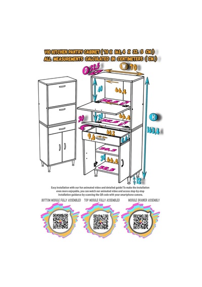 Modilayn Vio 70x163,4x32,5 Cm Yeni Çekmeceli, Kapaklı, Ekmeklikli, Çok Amaçlı Mutfak Dolabı. Beyaz