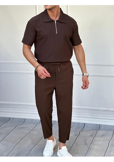 Modefendi Fermuar Detaylı Fitilli Oversize Alt Üst Takım Kahverengi