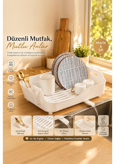 Porsima Akl-060 Beyaz Lüks Tabaklık Bulaşıklık Su Akıtma Kanallı Beyaz