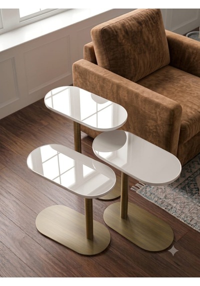 Beyaz Renk Üst Tabla , Cappicino Renk Metal Ayaklı 3'lü Zigon Sehpa Seti Salon /koltuk Altı Sehpa Yan Sehpa - C Sehba Modern Sehba Cappıcıno-beyaz
