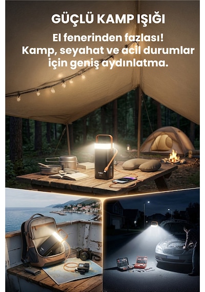 40.000 Mah Hızlı Şarj Powerbank Kamp Işığı Güçlü El Feneri Kablolu Göstergeli Taşınabilir Batarya Siyah