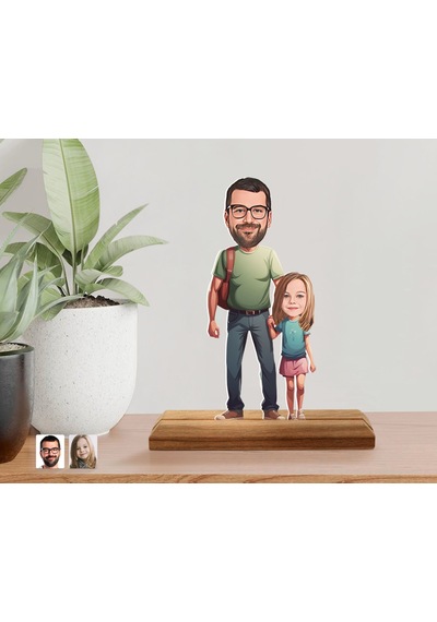 Bk Gift Kişiye Özel Baba Kız Karikatürlü Ahşap Standlı Pleksi Biblo-20, Aileye Hediye , Babaya Hediye