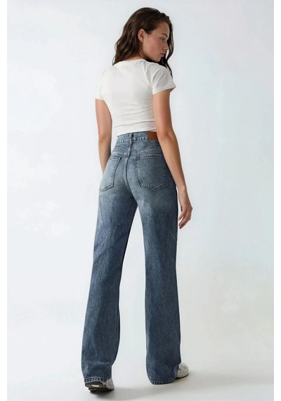 Hiccup Yüksek Bel Düz Paça Kot Pantolon Orta Mavi Denim