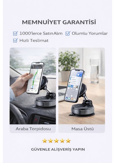 Araç Telefon Tutucu Manyetik Vakumlu Güçlü Tutuş 360 Döner Tek Elle Kullanım Torpido Uyumlu SİYAH,GRİ