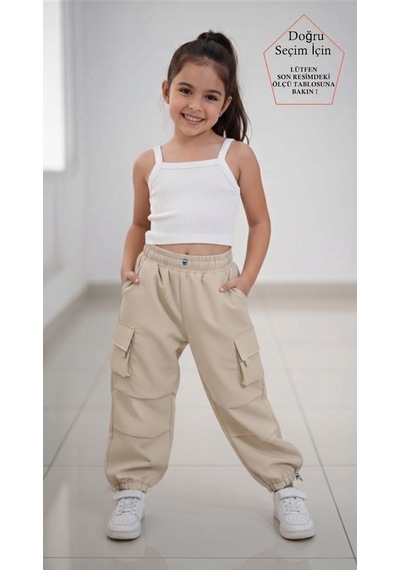 Smalltouch Kız Çocuk Paçası Ve Beli Ayarlanabilir Lastikli Paraşüt Pantolon Bej