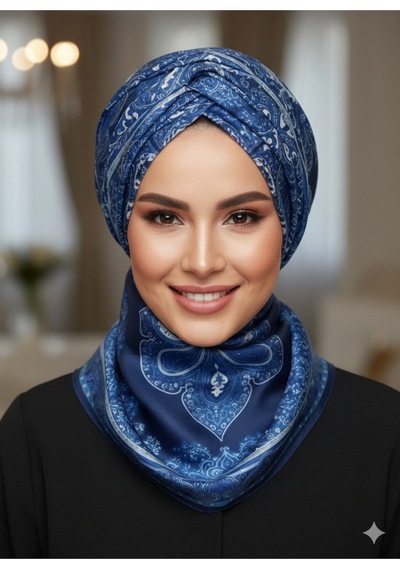 Premium Lux Original Etnik Desen Şal Vual İpek, 1. Sınıf, Hafif, Rahat, Şık, Tesettür Giyim Mavi - Lacivert