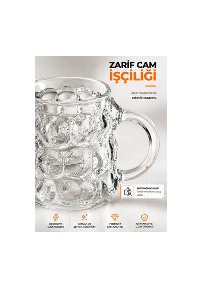 Kulplu Üzüm Desenli Cam Kahve Yanı Bardak 6'lı Set Türk Kahvesi Ve Espresso Su Bardağı Şeffaf