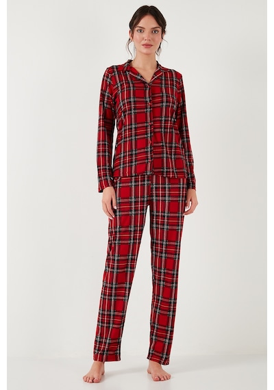 Lela Streç Regular Fit Apaş Yaka Beli Lastikli Bayan Pijama Takımı 65720501 Kırmızı-Yeşil