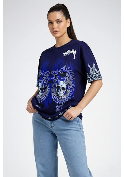 Wear Vexel Kadın Oversize Tişört Dragon & Kuru Kafa Baskılı Bisiklet Yaka T-shirt - Lacivert Lacivert Wear Vexel Kadın Oversize Tişört Dragon & Kuru Kafa Baskılı Bisiklet Yaka T-shirt - Lacivert Lacivert
