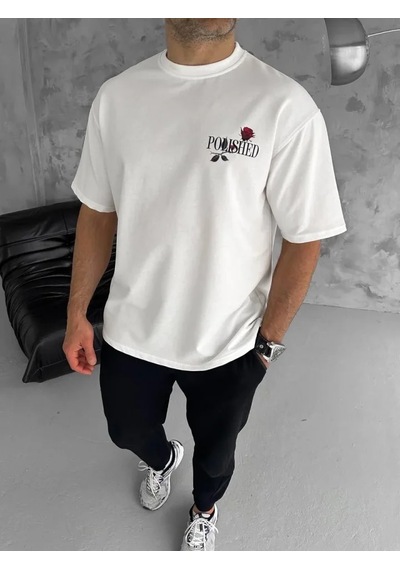 Modi Unisex Bisiklet Yaka Baskılı Oversize T-shirt - Beyaz - Mymg180521