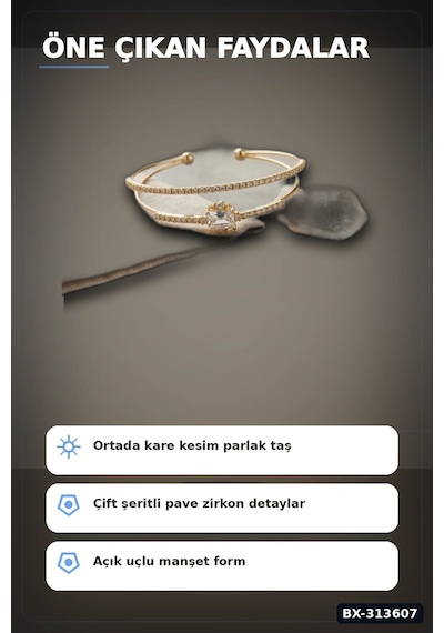 Bay Simetrik Kare Kesim Zirkon Taşlı Pirinç Kadın Bileklik 18 Cm Tekli Paket Bx-313607 Najmaddin Standart
