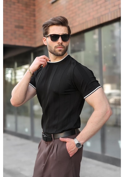Madmext Siyah Bisiklet Yaka Regular Fit Triko Erkek Tişört E7487