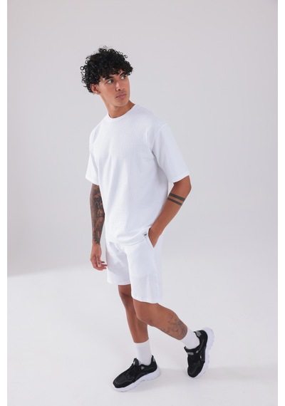 Rowinger Waffle Dokulu Oversize T-shirt Ve Şort Erkek Takım Whıte