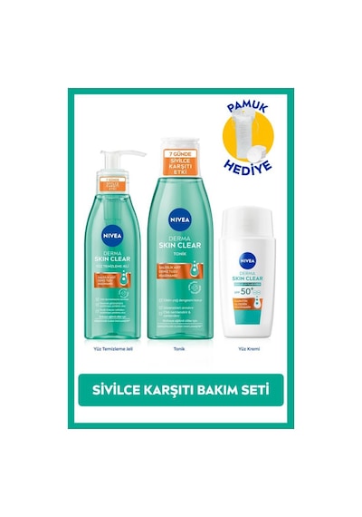 Spf50 Derma Skin Clear Sivilce Karşıtı Güneş Koruyucu Krem 40ml, Yüz Temizleme Jeli Ve Tonik, Pamuk