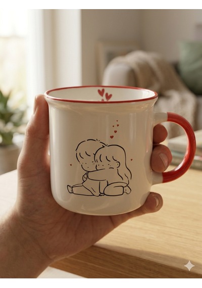 Romantik Çift Tasarımlı 370 Ml Porselen Kupa Kırmızı Kulplu Sevimli Aşk Temalı Kahve Kupası
