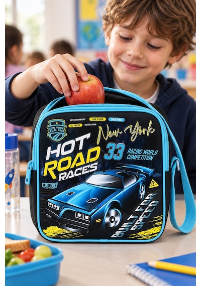 Hot Road Yarış Arabası Beslenme Çantası Çocuk Okul Yemek Çantası Günlük Kullanım 22x22x10 Cm Çok Renkli