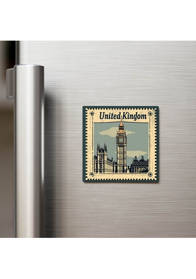 Birleşik Krallık United Kingdom - Posta Pulu Temalı Ülke - Baskılı Buzdolap Magneti Kare - 9x9 Cm