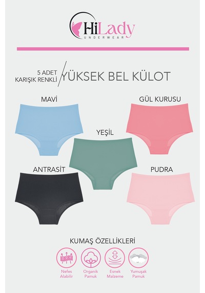 Kadın Külot, Çok Renkli Yüksek Bel Külot, Pamuklu Yumuşak Kumaş, Çoklu Paket, Karışık Renkli Koyu Soft