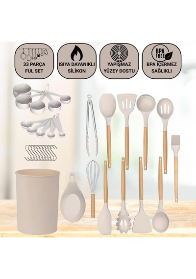 33 Parça Isıya Dayanıklı Yanmaz Yapışmaz Slikon Uçlu Ahşap Kepçe Seti Mutfak Seti Bpa İçermez Spatula Maşa F Diğer