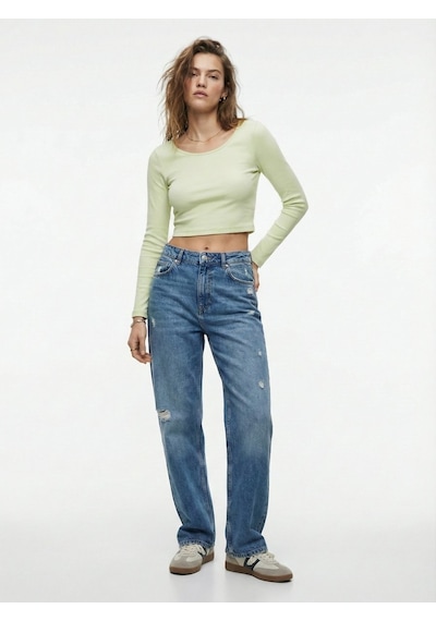 LTB Uzun Kollu Bisiklet Yaka Crop Yeşil Sweatshırt Karışık