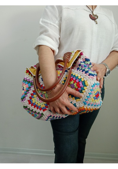 Embahandmde El Yapımı Renkli Granny Square Omuz Çantası Keten Astarlı Bohem Yazlık Kadın Çanta Krem - Bej