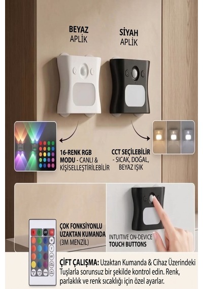 Duvar Dekorasyon Lambası Aplik Hareket Sensörlü 16 Renk Seçenekli Rgb Şarjlı Atmosfer Aydınlatma Beyaz