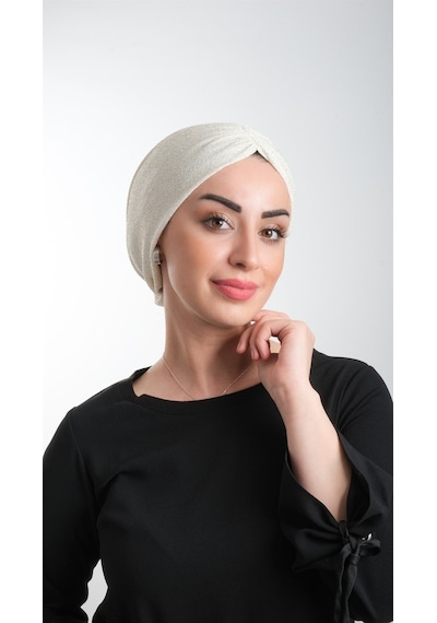 Hürrem Bone Krem Pratik Hazır Geçmeli Tesettür Bone Fukuro Simli Büzgülü 2116 Krem