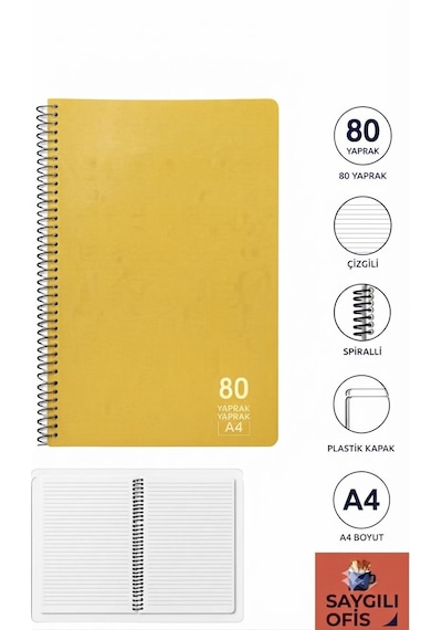 Saygılıofis 80 Yaprak A4 Spiralli Pp Kapak Çizgili Defter Sarı