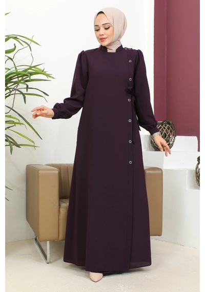 Nevayla Moda Bağlamalı Çıt Çıt Detaylı Ferace - Mürdüm Mürdüm