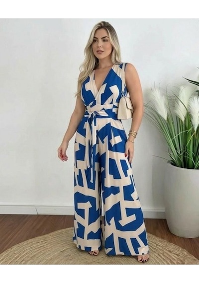 Efnaz Style Kadın Askılı Kruvaze Yakalı Belden Kuşaklı Uzun Desenli Süprem Tulum Mavi