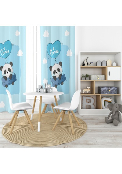 Uçan Panda Mavi 2 Kanat Fon Perde MAvi