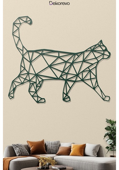 Geometrik Kedi Metal Duvar Tablosu - Metal Duvar Sanatı - Yosun Yeşili - 30 X 30 Cm Yeşil