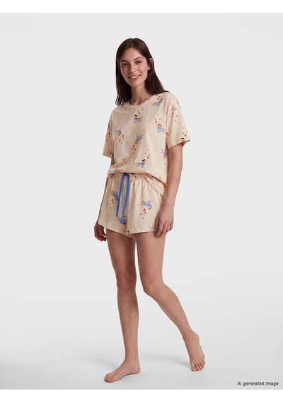 Lcw Dream Bej Köpek Baskılı Kadın Şortlu Pijama Takımı