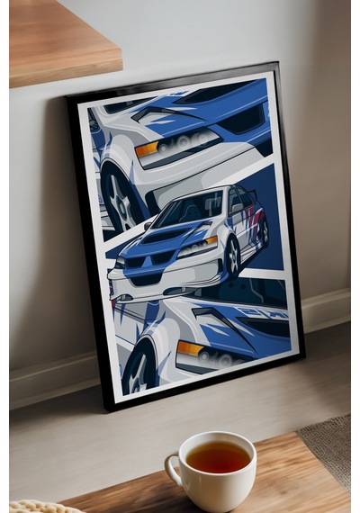 Mitshubishi Lancer Evolution Siyah Ahşap Çerçeveli Poster, Dekoratif Araba Duvar Tablosu