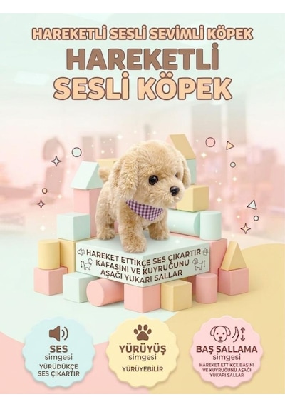 Sevimli Yürüyen Arkadaşım: Sesli Hareketli Tasarımlı Eğitici Oyuncak Peluş Hayvan Krem