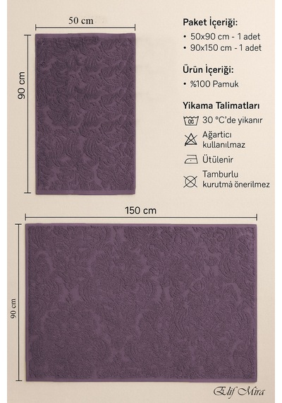Banyo & Yüz Havlusu Seti %100 Pamuk 90x150 + 50x90 Cm Amorivy Mor