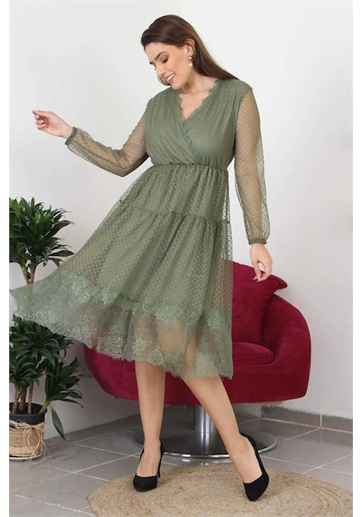 Neşeli Butik Kadın Kruvaze Yaka Eteği Güpür Detaylı Yeni Sezon Elbise Apcx10 Haki