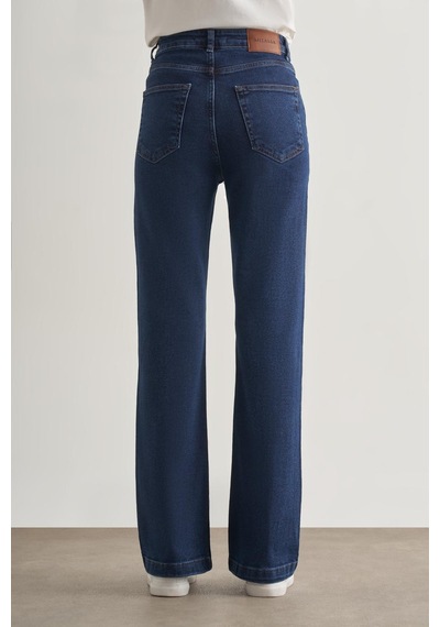 Koyu Rins Mizalle Geniş Paça Yüksek Bel Koyu Mavi Denim Pantolon Mavi
