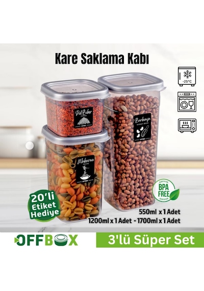 Offbox Kare Bakliyat Baharat Gıda Saklama Kabı - 3 Çeşit - 3 Adet Antrasit Şeffaf