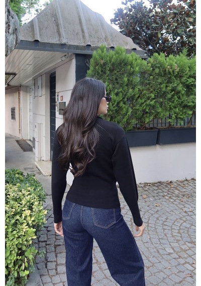 Kechi Woman Fitilli Triko Dik Yaka Fermuarlı Hırka Siyah