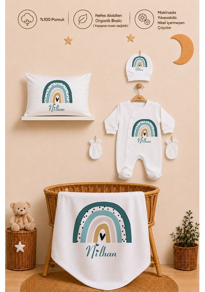 Pia Baby Erkek Bebek Tulum Seti İsim Baskılı %100 Pamuk Yastık Kılıfı Ve Battaniye 1095tybyx Ekru